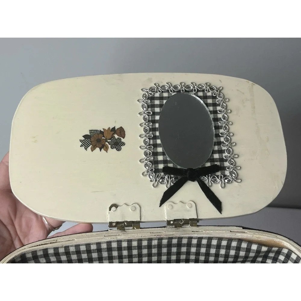VTG Top Handle Wood‎ Basket Purse Floral Lid Woven Handbag Decoupage MCM